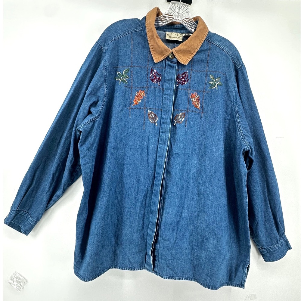 Khaki Rose Lady Denim Shirt Womens 2X Fall Embroidered Leaves Corduroy Collar